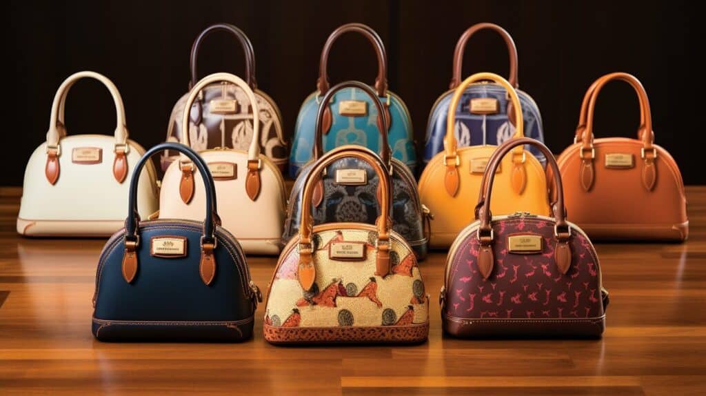Dooney and Bourke purse surrounded by other luxury brand purses