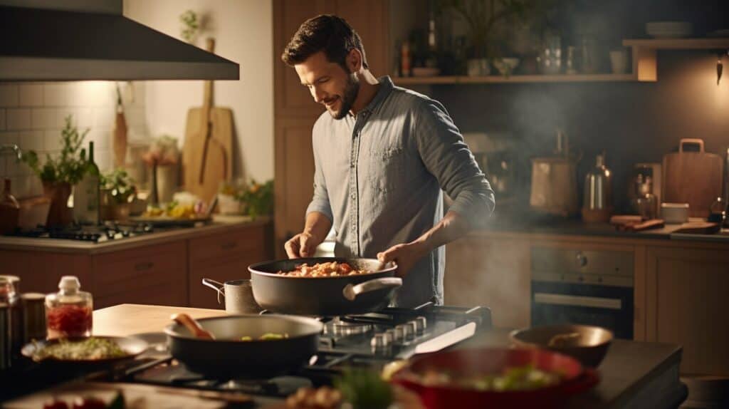 Farberware cookware products with a person cooking on the stove