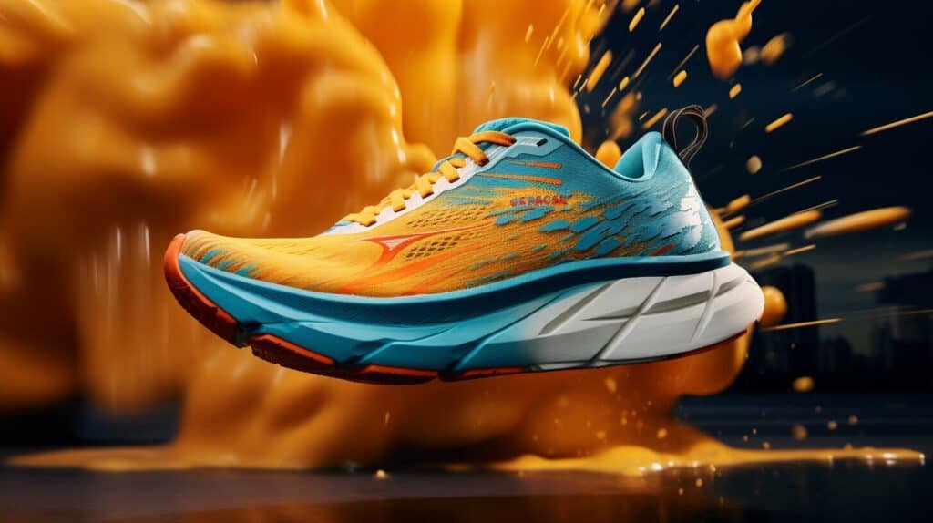 Hoka shoes with a runner in the background