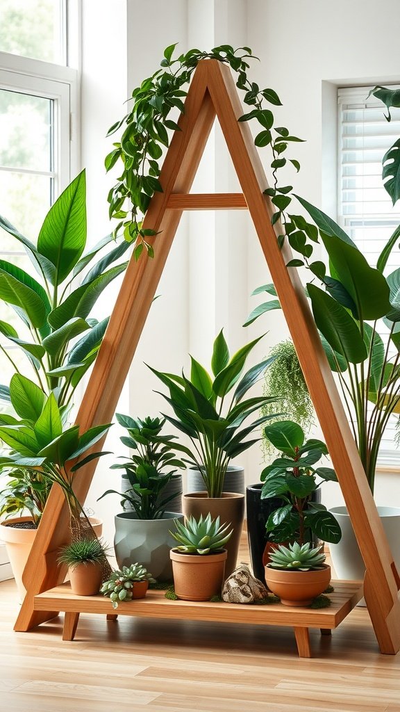 A wooden A-frame plant stand with various potted plants arranged on it.