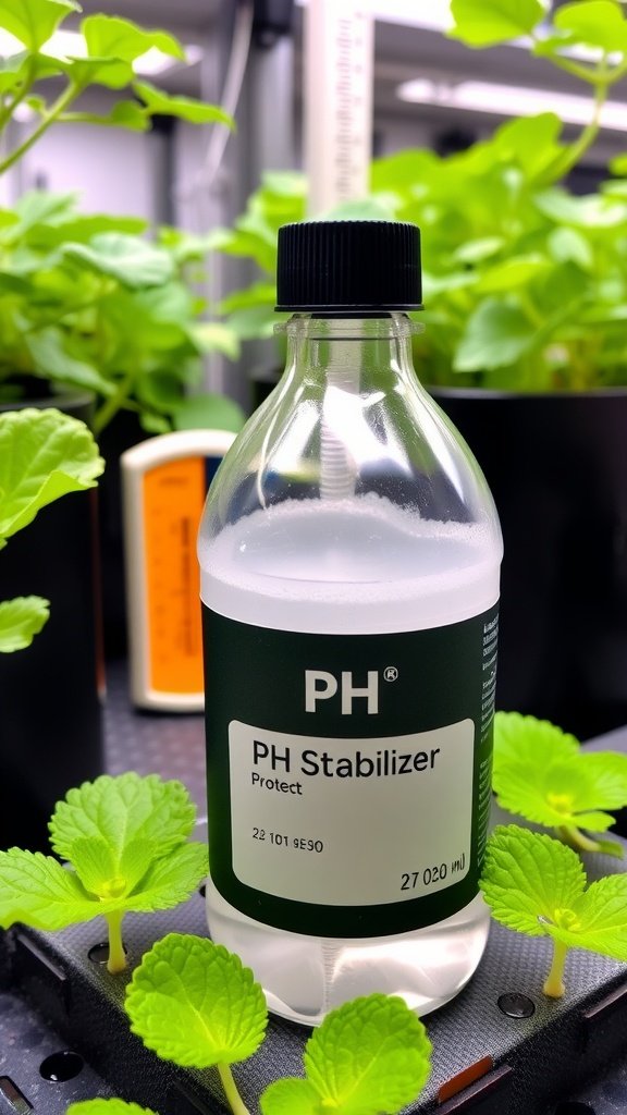 A bottle of pH stabilizer next to green plants in a hydroponic system.