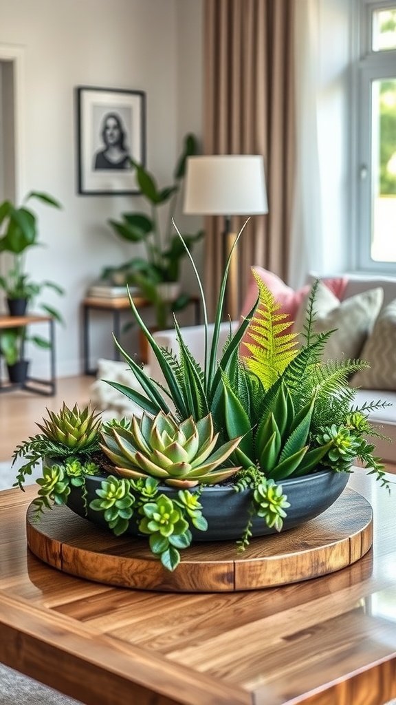 A beautifully arranged plant-filled coffee table centerpiece featuring succulents and ferns on a wooden table.