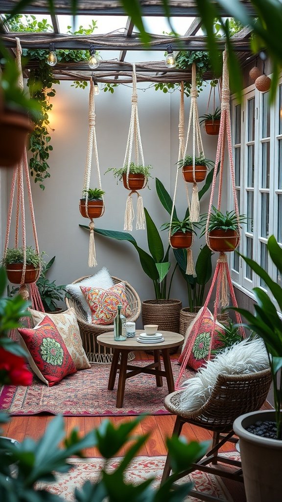 A cozy boho terrace with macramé plant hangers, colorful cushions, and a small table surrounded by greenery.