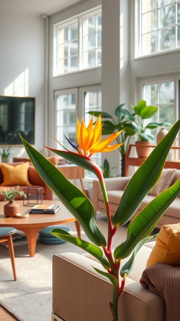 A living room featuring a Bird of Paradise plant with bright orange and yellow flowers, surrounded by cozy furniture and natural light.