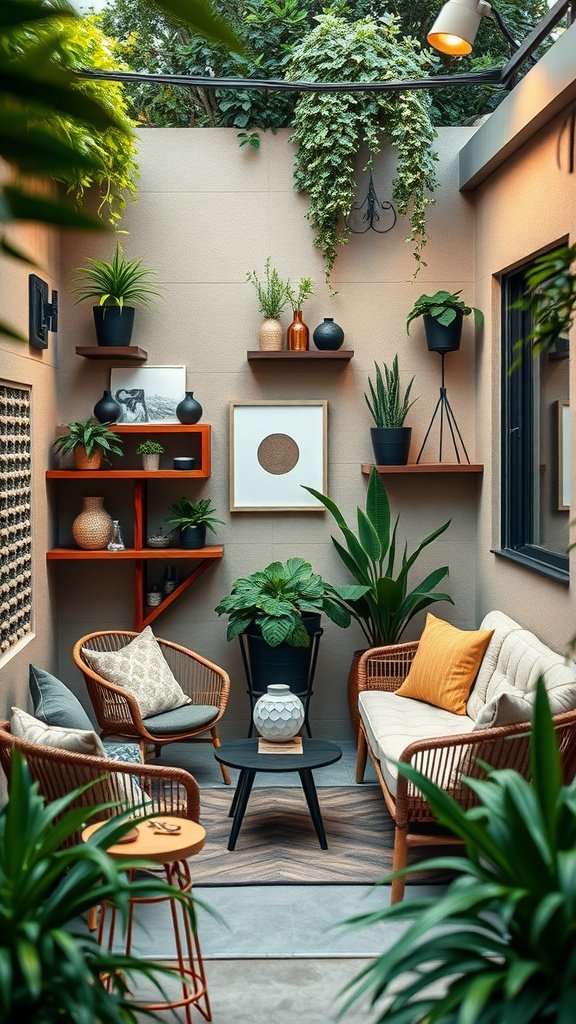 A small patio with wall-mounted shelves, plants, and cozy seating.