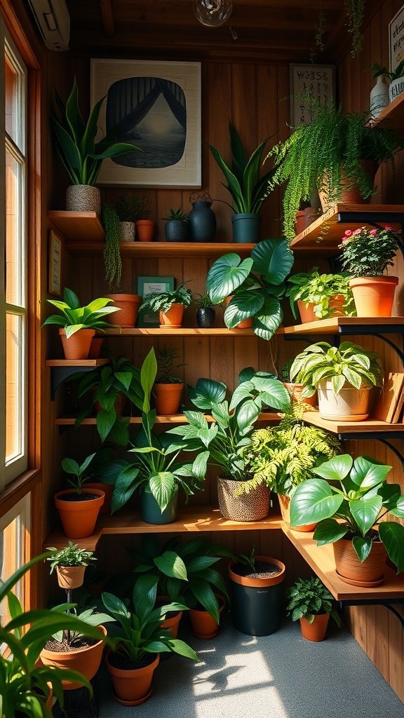 A cozy corner filled with various plants displayed on wooden shelves.