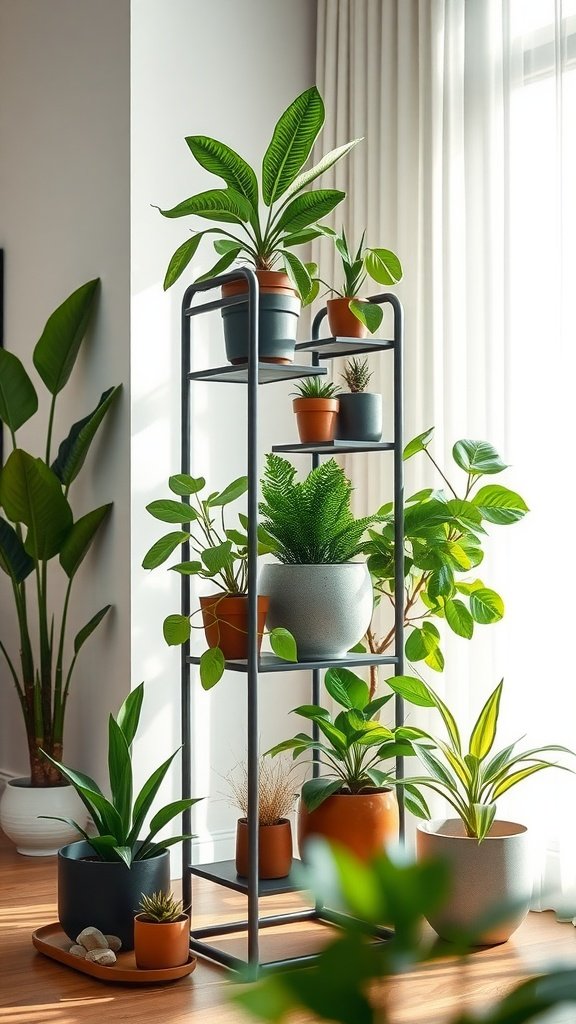 Adjustable height metal plant stand with various plants displayed at different levels.