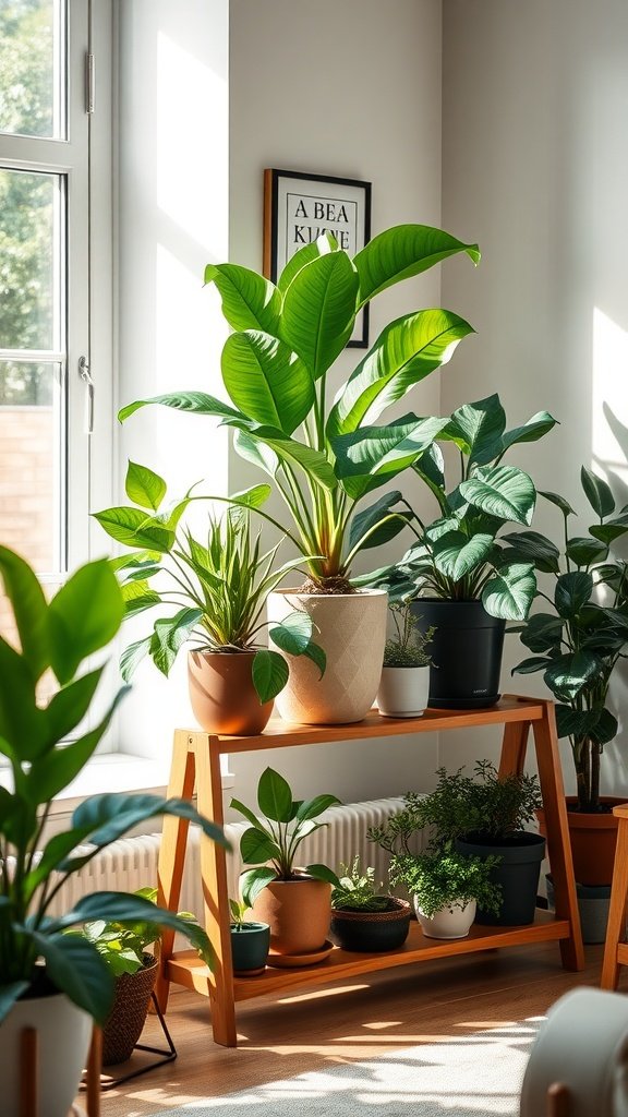 A wooden plant stand displaying various potted plants in a sunlit room.