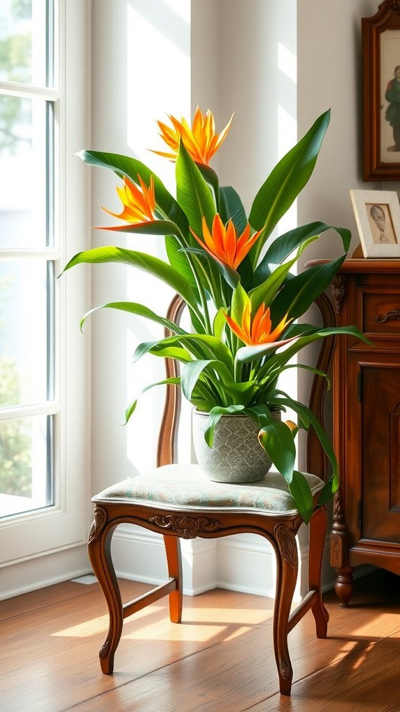 Antique chair with a Bird of Paradise plant arrangement on it, showcasing vibrant flowers and lush leaves.