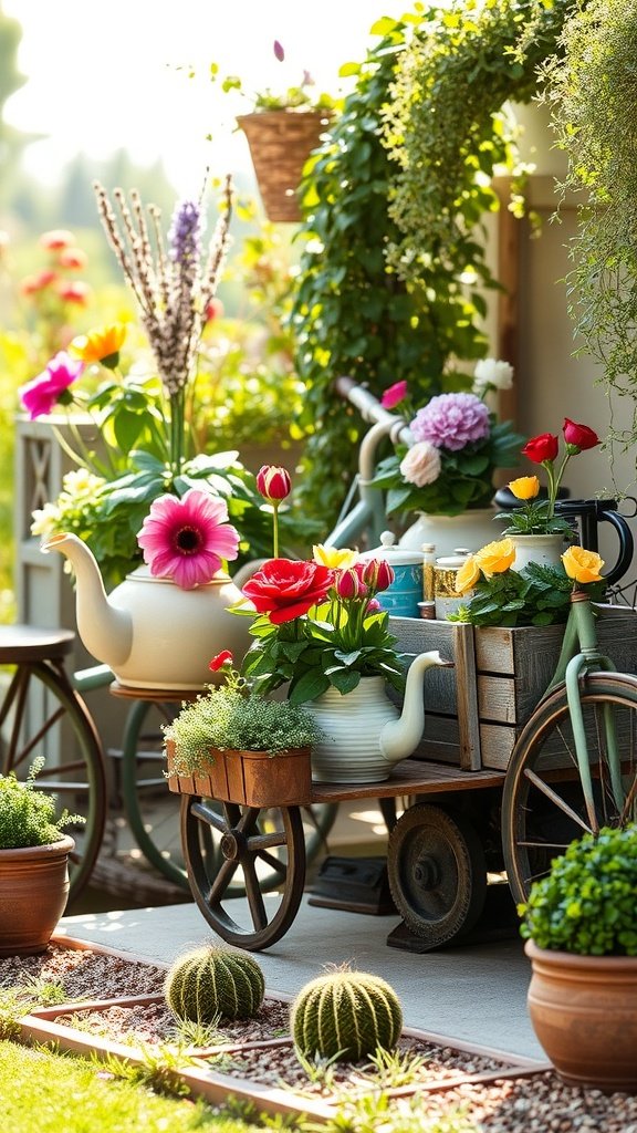 A charming garden scene featuring colorful flowers planted in an old bicycle, teapots, and a vintage wagon.