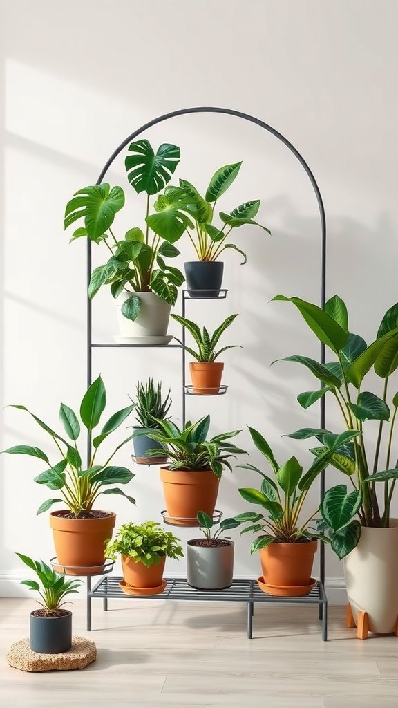 A stylish arched metal plant stand showcasing various potted plants in a modern interior.