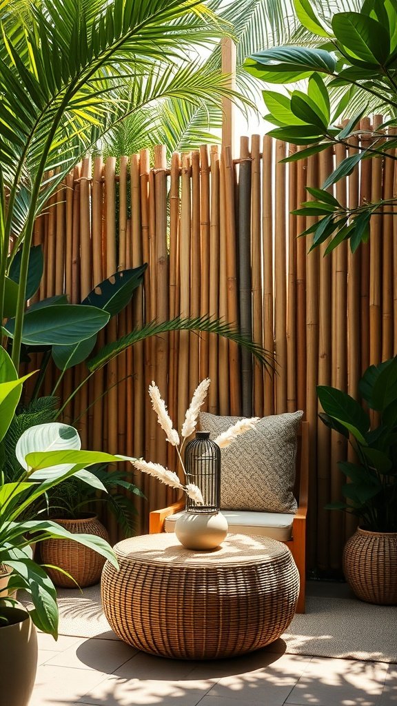 Cozy outdoor space with a bamboo privacy fence and lush green plants.