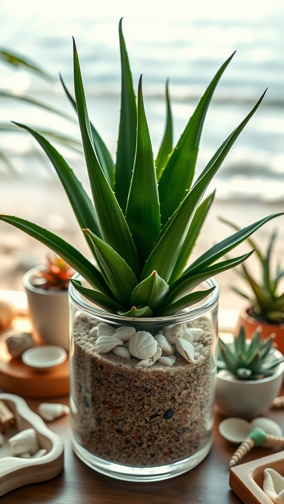 Aloe vera plant centerpiece in a clear vase with sand and seashells, set against a beach background.