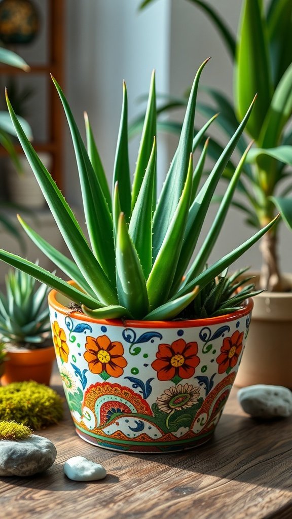 Hand-painted ceramic bowl with aloe vera plant.