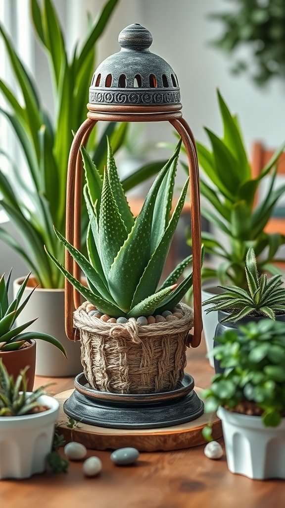 Aloe vera plant inside a decorative lantern with a woven basket and pebbles, surrounded by other potted plants.