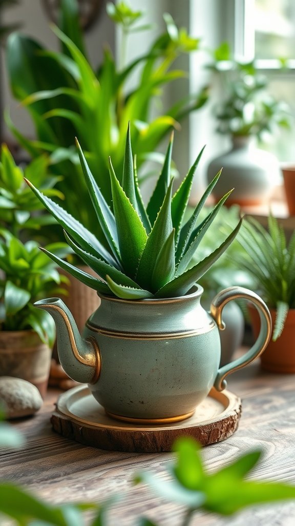 Aloe vera plant in a vintage teapot placed on a wooden surface surrounded by other plants.