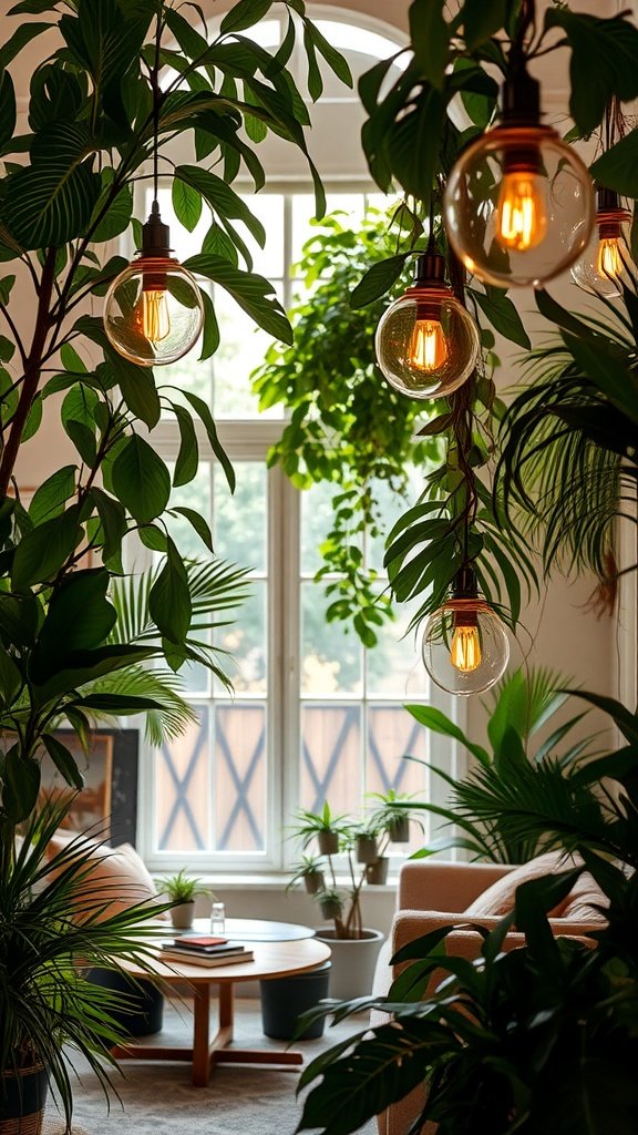 A cozy living room with hanging lights surrounded by lush plants, showcasing a warm and inviting aesthetic.