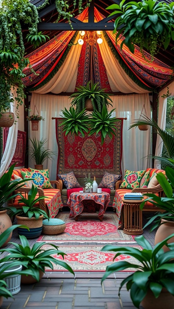 A beautifully decorated Bohemian gazebo featuring colorful fabrics, plants, and cozy seating.