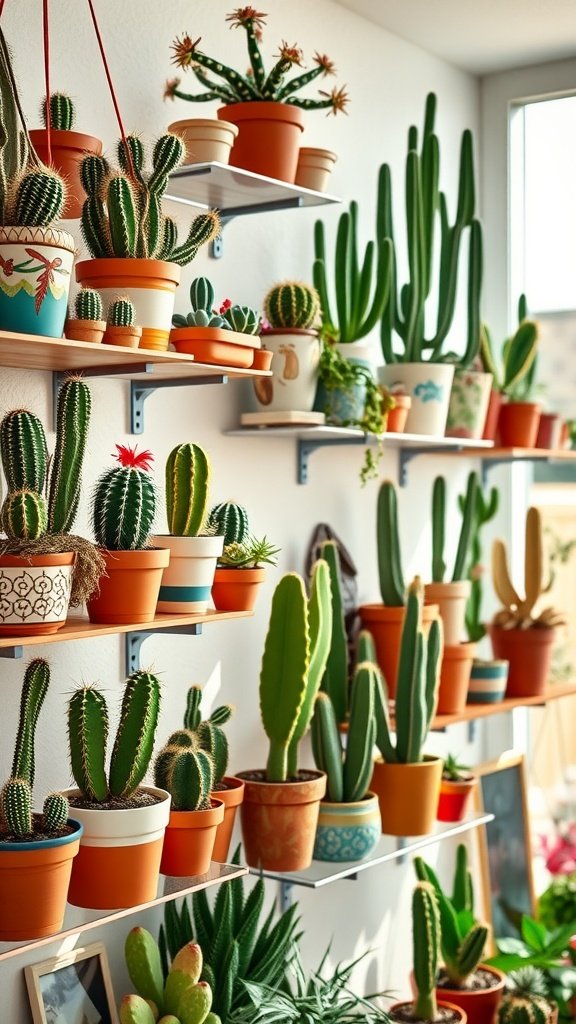 A beautiful indoor cactus garden wall with multiple hanging shelves.