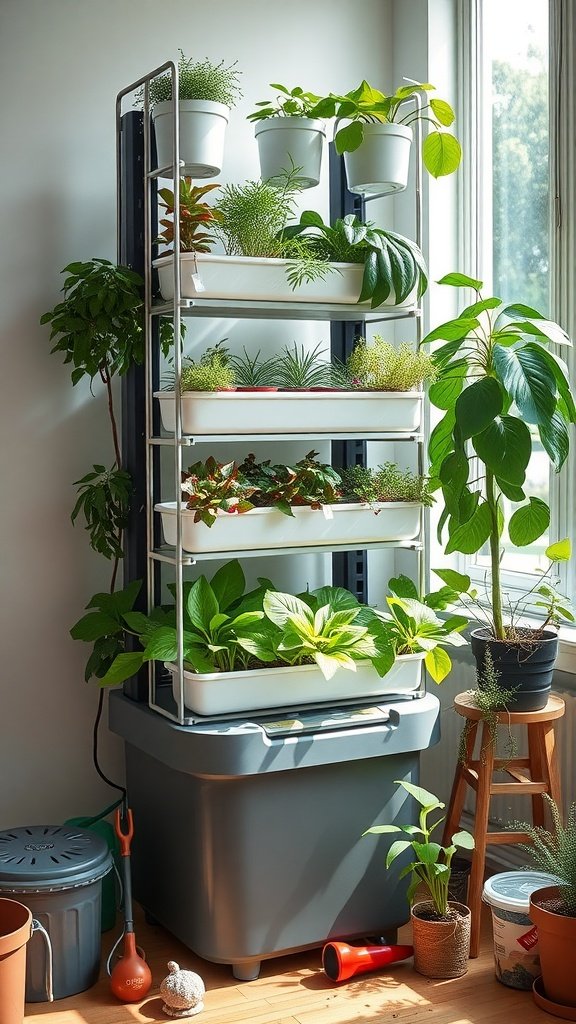 A vertical hydroponic system with multiple shelves filled with various plants, showcasing efficient use of space.