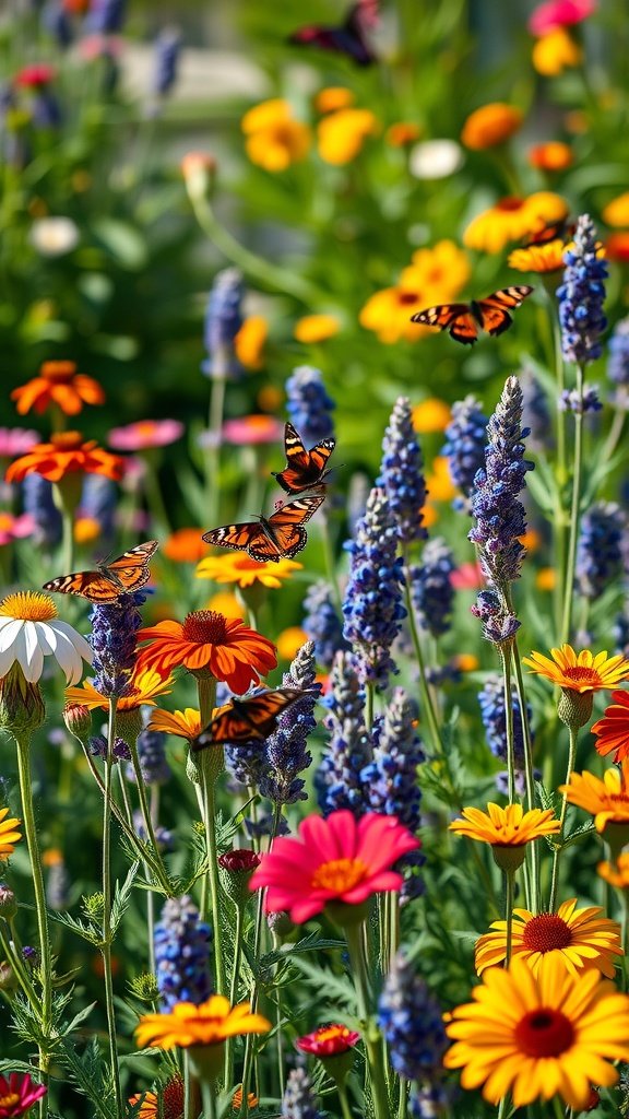 A colorful flower garden with butterflies fluttering among lavender and zinnias.