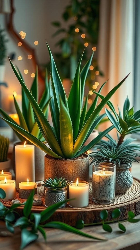 Aloe vera plant surrounded by LED candles and fairy lights on a wooden tray.