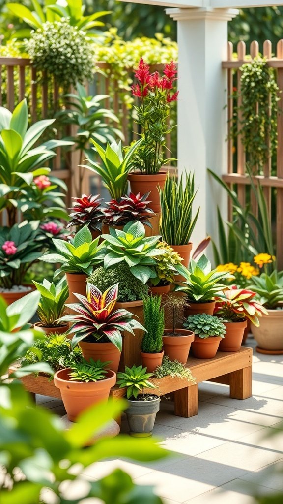 A cascading step planter displaying various potted plants, showcasing a tiered design with vibrant greenery and flowers.