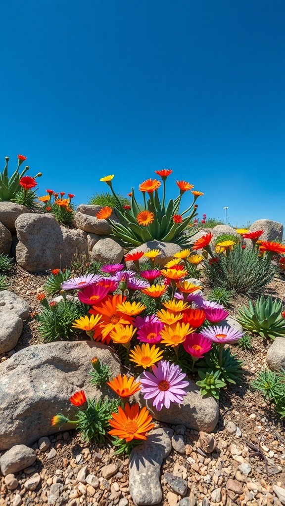 A colorful arrangement of drought-tolerant flowers in a rocky garden setting.