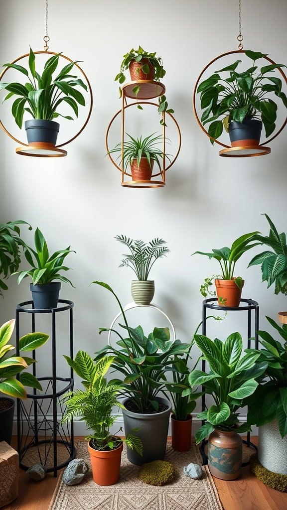 Circular frame metal plant stands with various indoor plants displayed, showcasing modern design and symmetry.