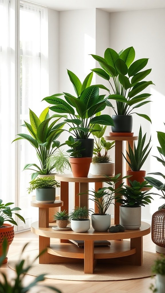 A stylish circular wooden plant stand featuring multiple levels and various potted plants.