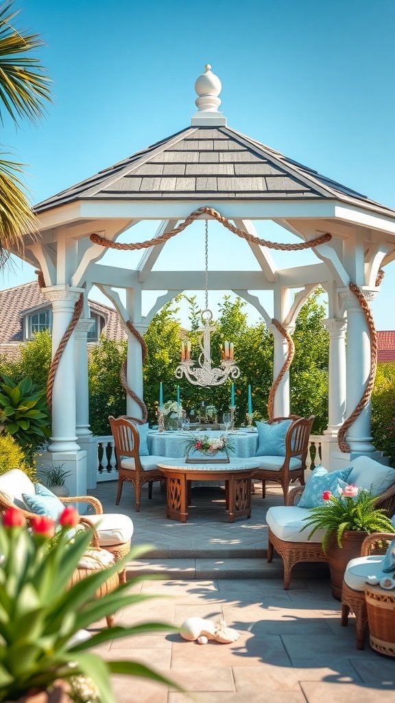 Coastal gazebo featuring light blue and white colors with nautical decor, surrounded by greenery and outdoor seating.