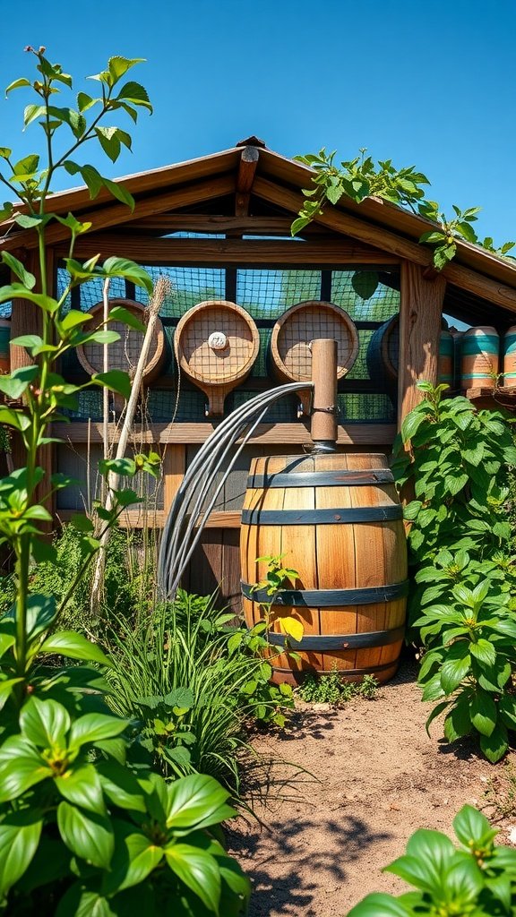 A wooden barrel for collecting rainwater surrounded by green plants and a garden shed