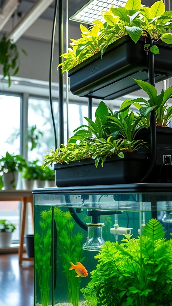 A vibrant aquaponics system featuring a vertical garden with leafy plants above an aquarium housing a goldfish.