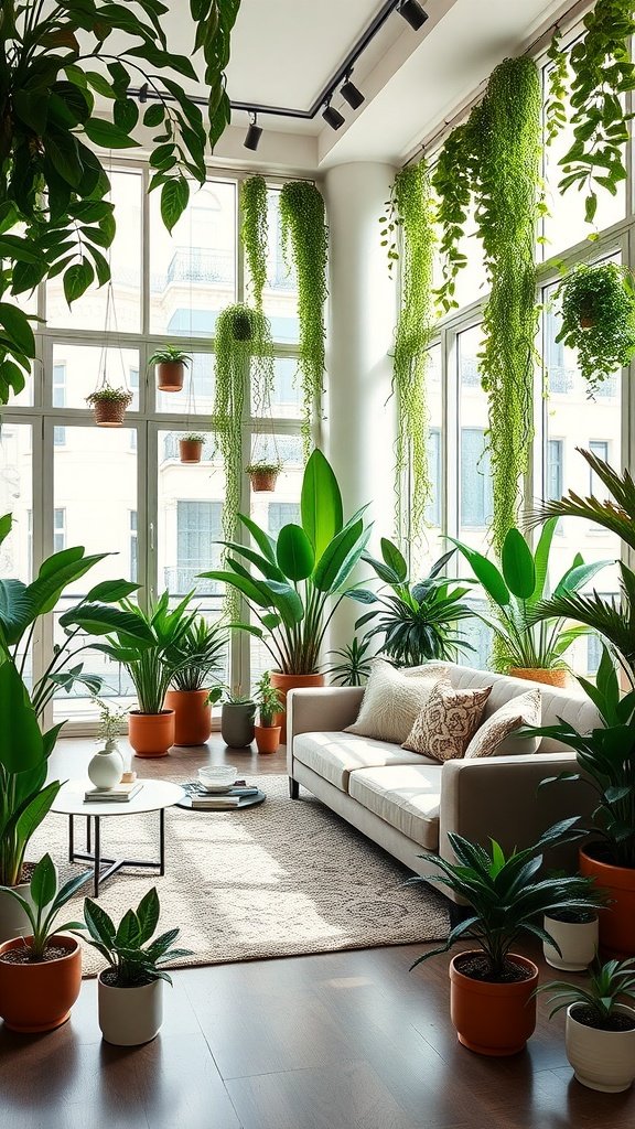 A living room filled with a variety of floor-to-ceiling plants, featuring hanging greenery and a cozy sofa.