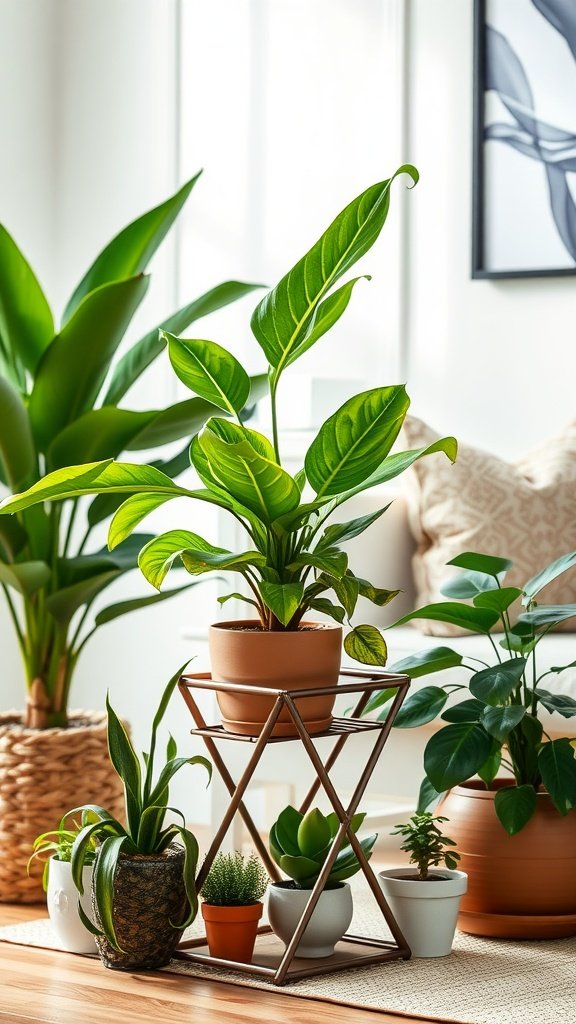 A compact folding metal plant stand displaying a green plant in a cozy living space.