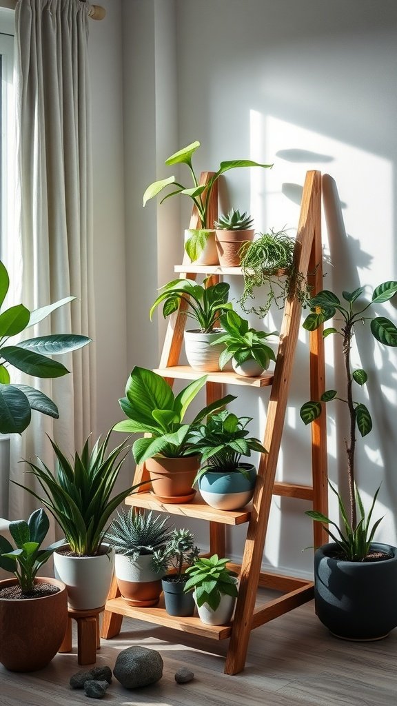 A compact wooden plant ladder filled with various plants, showcasing a cozy indoor garden.