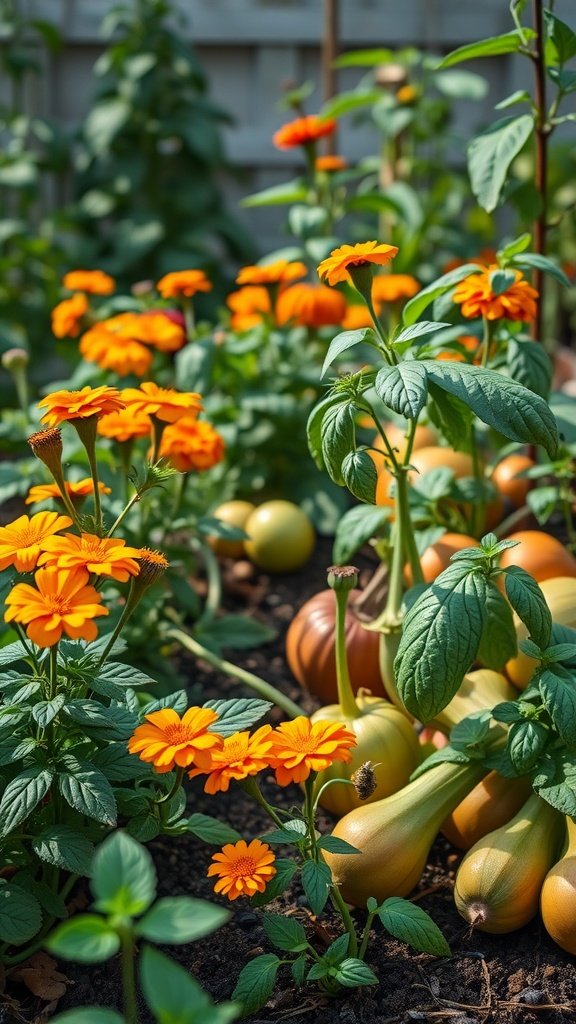 A colorful garden with orange marigolds and green vegetables like squash and tomatoes.