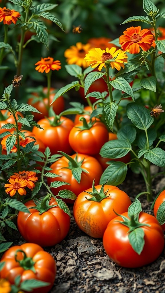 A garden scene with ripe tomatoes and bright flowers, illustrating companion planting.