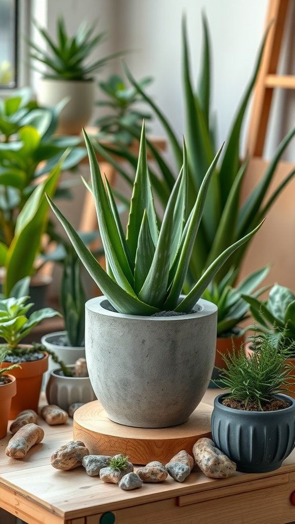 A DIY concrete pot with an aloe vera plant, showcasing a stylish indoor gardening setup.