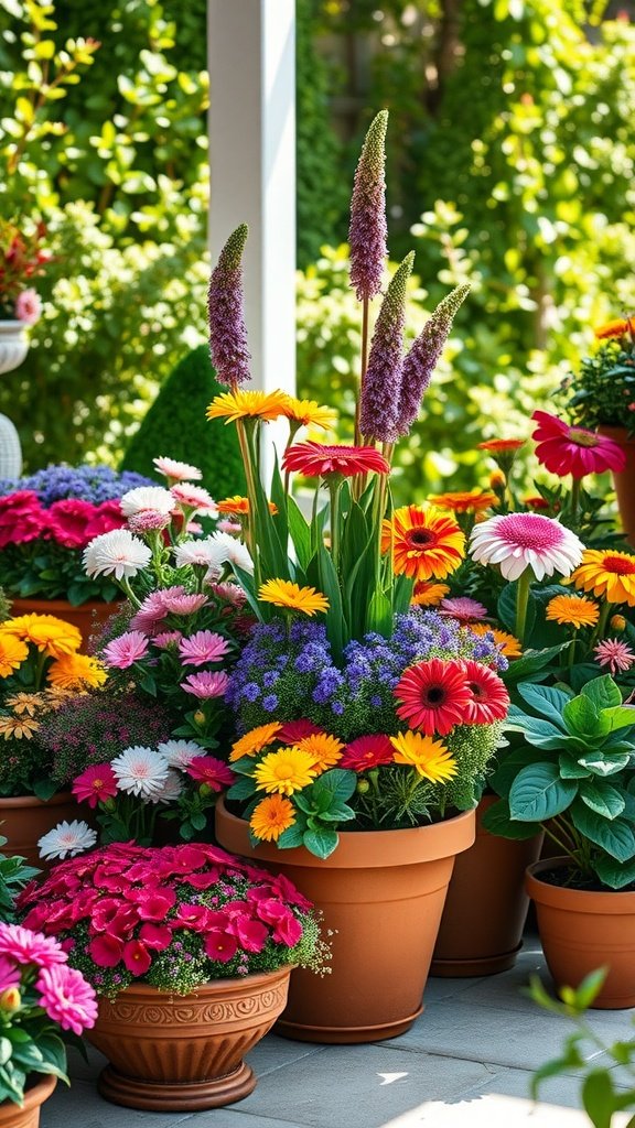 Colorful flower pots filled with various flowers in a sunny garden setting.