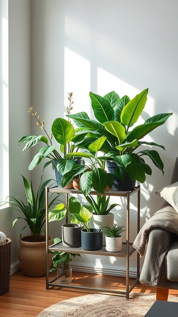 Metal plant stand in a corner with large green plants and sunlight filtering through