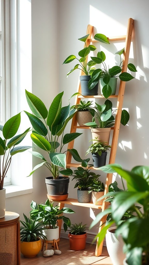 A bamboo ladder plant stand with various potted plants arranged on different levels, positioned in a bright room with sunlight.