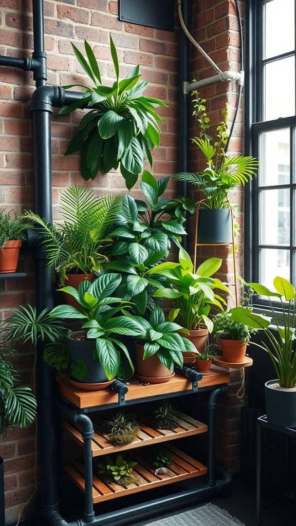 An industrial-style corner plant stand made of black pipes and wooden shelves, filled with various potted plants.