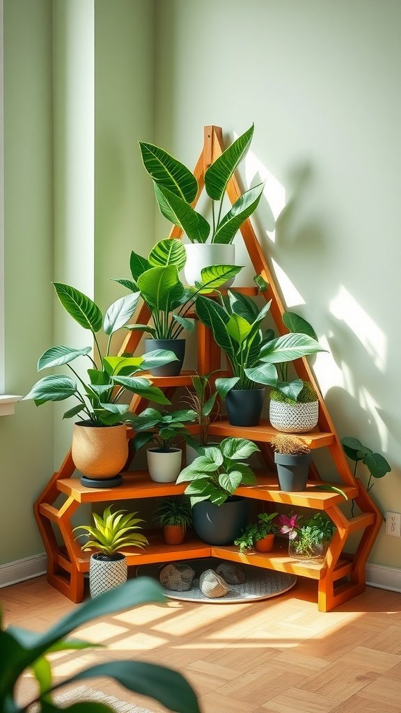 A triangular wooden plant stand in a corner filled with various potted plants, showcasing a vibrant display.