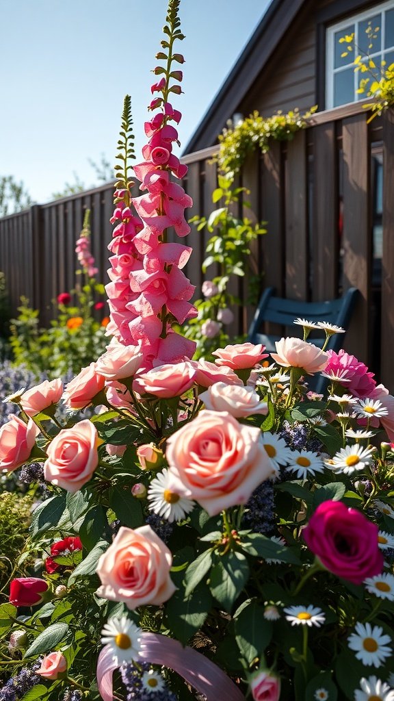 A colorful cottage garden with pink foxgloves, various roses, and white daisies in bright sunlight.