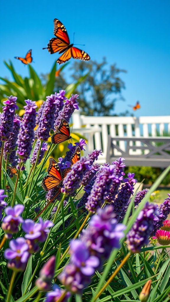 A vibrant butterfly garden featuring lavender flowers and Monarch butterflies hovering around.