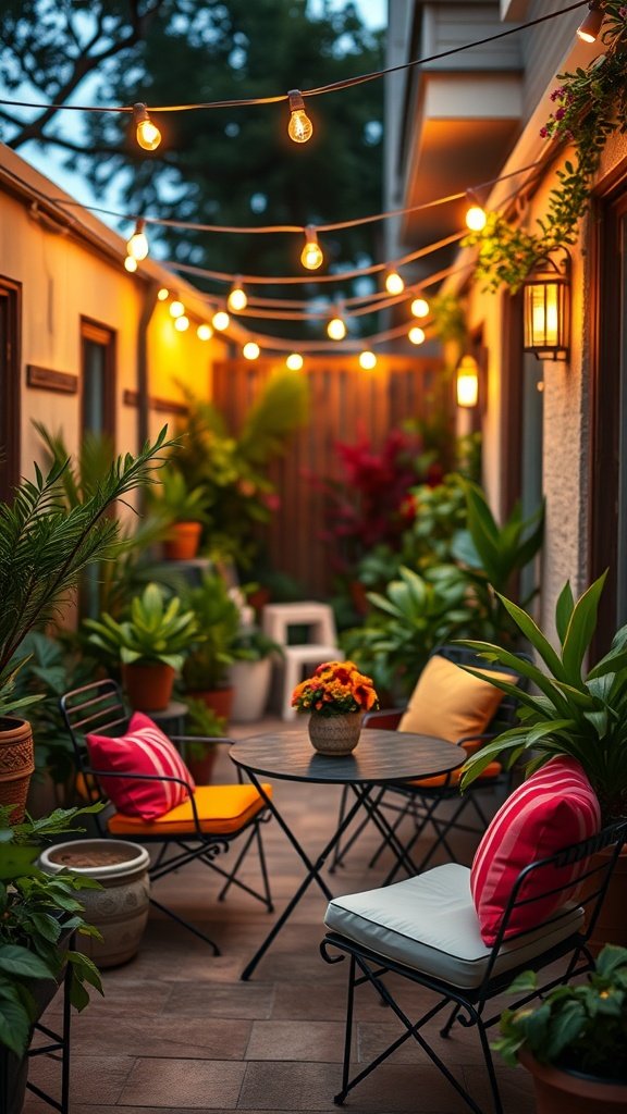 Cozy apartment patio with bistro seating and string lights surrounded by plants.