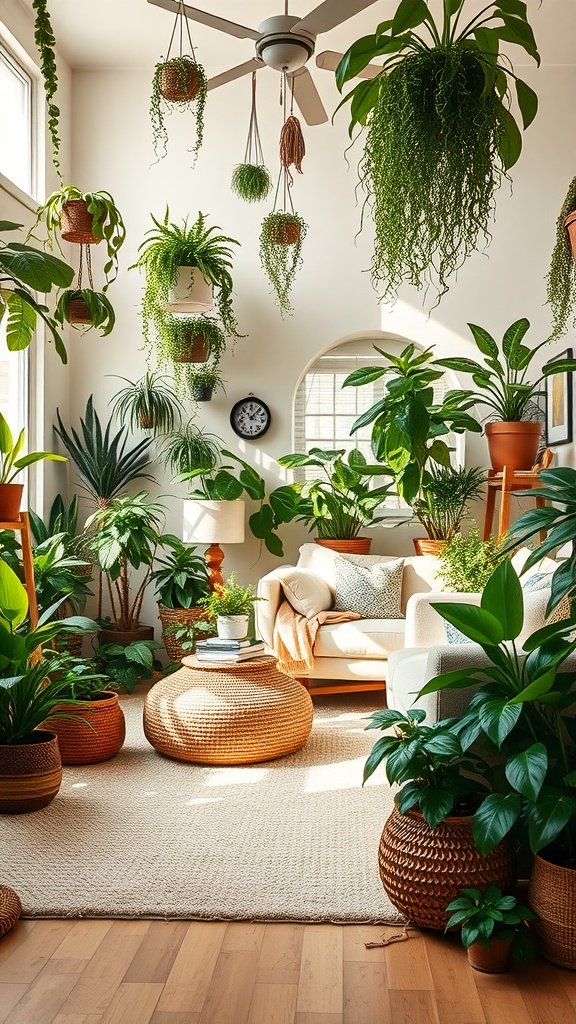 Cozy living room filled with a variety of plants and natural textures