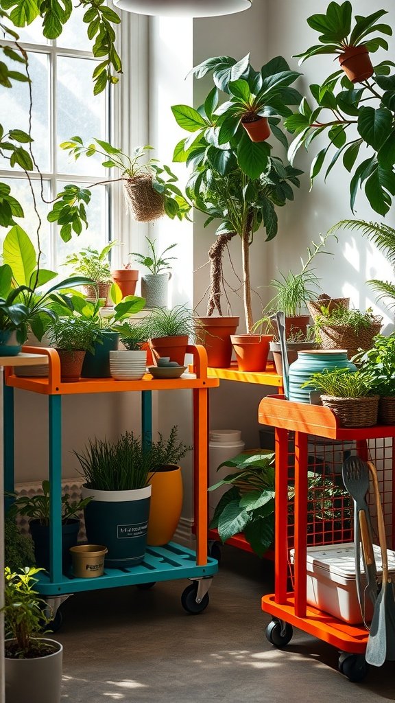 Colorful rolling carts filled with potted plants and gardening tools in a bright indoor garden.