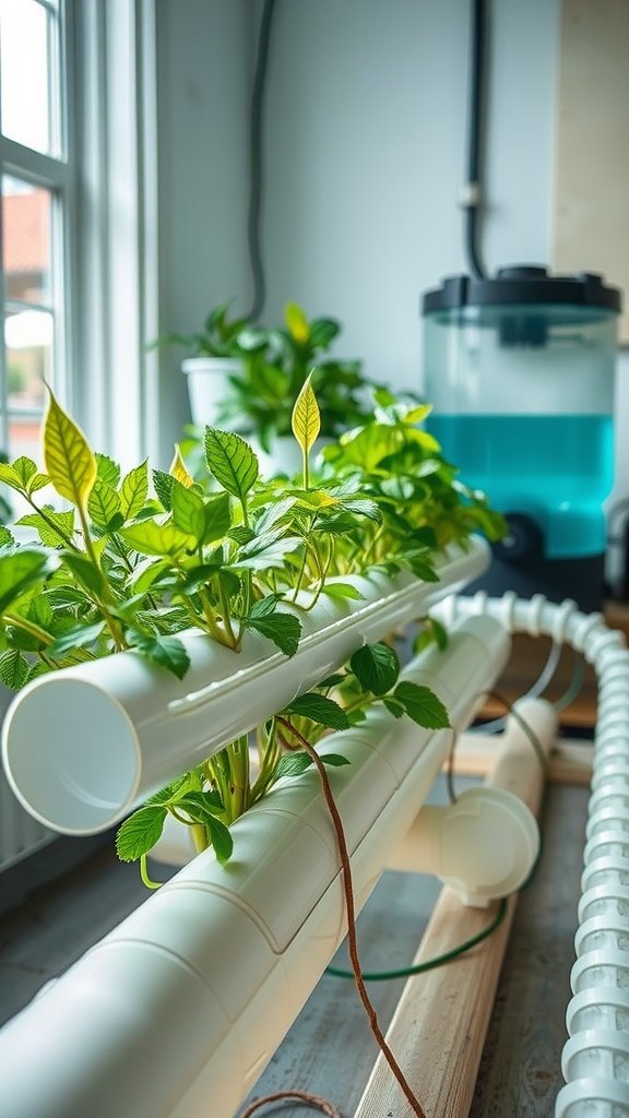 A DIY nutrient film technique system using PVC pipes with plants growing in them.